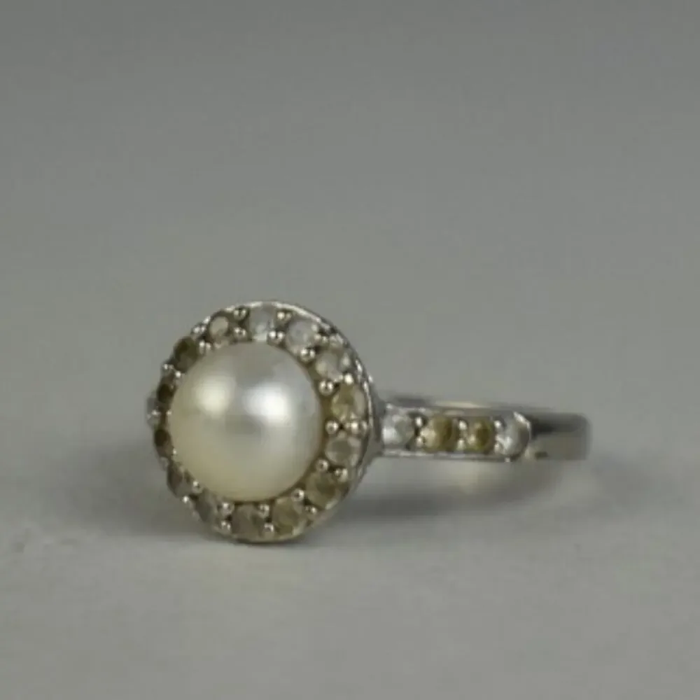 925 Sterling Silver Pearl & Colorless Spinel Ring Size 7
